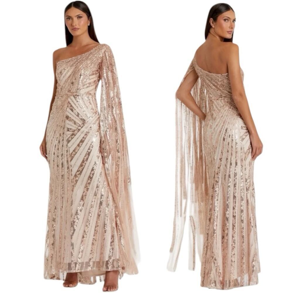 Mac Duggal Rose Gold One Shoulder Cape Sleeve Embellished Gown Sz 16 #20528 NWOT
